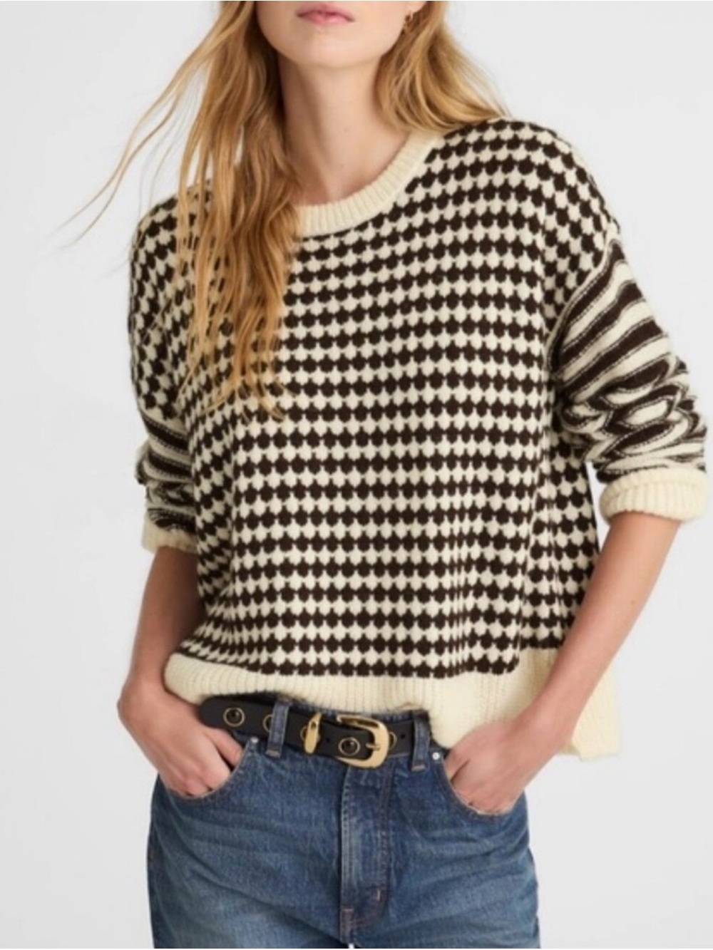 Madewell Oversized Black and Cream Patterned Crewneck Sweater